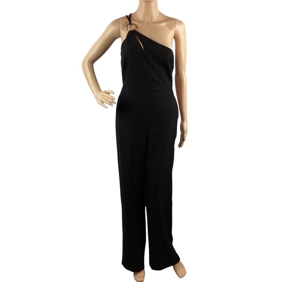 Line & Dot Pants - Line & Dot Vaughn One Shoulder Ring Detail Black Jumpsuit Small